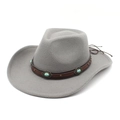 Dettaglio cappello cowboy in feltro grigio con fascia in pelle e pietre turchesi - M (56-58cm) / Grigio