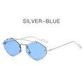Randlose polygonale Sonnenbrille in Silber-Blau mit Diamantschliff-Gläsern und Metallbügeln - Silberrahmen Blaue Gläser