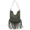 Dark green bohemian fringe tote bag with sunburst embossed pattern and metal rivets - Green