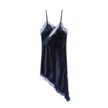Elegant navy blue velvet dress with lace trim and asymmetrical hem on white background - S / Dark Blue