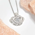 Silver crown heart pendant necklace with a round sparkling diamond on a white background - Crown Heart White Gold Color (762)
