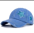 Distressed blue denim baseball cap featuring sparkly blue sequin stars and frayed edges - Sapphire Blue