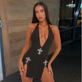Sexy black halter mini dress with deep V-neck and rhinestone cross details for women - S / Black