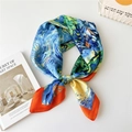Artistic Van Gogh Starry Night print silk square scarf in navy blue and orange - Starry Sky Orange