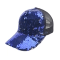 Macro detail of blue sequins on baseball cap with black mesh back for sun protection - Adjustable / Navy Blue