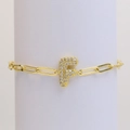 18k gold plated paperclip chain bracelet with a crystal-encrusted letter F pendant - Letter F