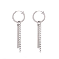 Minimalist silver hoop earrings with dangling curb chain and metal bar pendants - Silver Hoop Ear Clip Long Bar with Chain (Single)