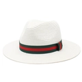 Chapeau Fedora en paille blanche avec ruban rayé vert et rouge pour les vacances - M (56-58cm) / Blanc