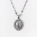Detailed close-up of shell necklace pendant with silver rose and zircon frame - Oval Rose Hollow Frame Style (Style 1 White Gold) / Silver