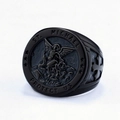 Black St. Michael archangel signet ring in stainless steel with religious embossed details - Solid Black