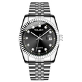 Macro detail of men's steel watch with silver metal strap, black dial and diamond markers - Large Silver Black Dial