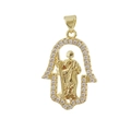 Macro detail of Hamsa Hand pendant with gold plating and sparkling crystal pave setting - 05-Gold Hamsa Hand