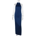 Detailed view of dark blue satin fabric and backless halter design on evening maxi dress - S / Navy Blue