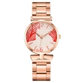 Rose gold mesh band watch featuring a white dial with vibrant red leaf patterns - Red