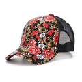 Detailed macro view of the black mesh back and floral pattern on the summer sun baseball cap - Black with Red and White Floral (Style A)