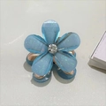 Mini blue camellia flower hair claw clip with sparkly resin and center rhinestone accent - Blue Camellia
