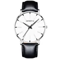 Close-up of Geneva minimalist white dial watch with black leather strap and silver case - Leather Strap Silver Case Black Dial