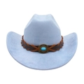 Chapeau de cowboy bleu clair avec bande en cuir tressé marron et pierre turquoise - Taille unique / Bleu Clair (Corde Croisée)