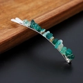 Close-up of green and white natural crystal stones on a silver metal hair clip - Green Agate with Silver Clip