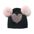 Winter gebreide muts voor meisjes met twee roze faux bont pompons en glitter hart - 52-54cm / Zwart