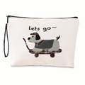 Off-white canvas cosmetic bag with dog cartoon print and black wrist strap - Dog in Cart Style(xy-005-04) / With Strap