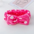 Soft pink plush headband with white polka dots and a large bow for washing face - Rose Red Polka Dots