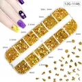 Set nail art oro 12 griglie con stelle, lune e fiocchi in dimensioni miste per unghie - Borchie in Metallo Oro Forme Miste (12G-1146)