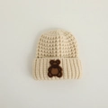 Knitted beige baby beanie with brown teddy bear patch and cuffed hem for infants - 44-48cm(8M-2Y) / Off White Animal Collection