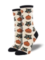 Cream crew socks featuring orange pumpkin and black cat Halloween jacquard patterns - Cat Pumpkin White