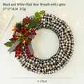 Christmas burlap wreath with LED lights, black white plaid and red berries decor - Black and White Plaid Wreath