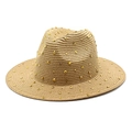 Straw Panama hat in khaki featuring metallic cone studs and wide brim sun protection - M (56-58cm) / Khaki