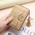 Khaki short floral wallet with gold butterfly clasp and elegant tassel charm - Khaki