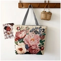Floral tapestry tote bag with vibrant patterns and black-white striped handles - Peony