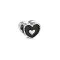 Detailed view of silver heart charm with black enamel inlay and scalloped edges for DIY jewelry - White K Black