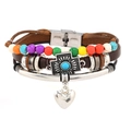 Detail of leather multi-layer bracelet featuring turquoise cross and silver heart charms - 10-Rainbow Cross