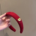 Retro red knit headband with golden heart buckle and soft fabric texture for women - Knitted Heart Buckle Style (HH9544-10)