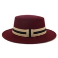 Elegant wine red flat top wool boater hat with black and beige striped decorative band - One Size 58cm Circumference / Burgundy