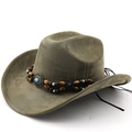 Detail of western cowboy hat in olive green suede with ethnic beads and turquoise - M (56-58cm) / Army Green