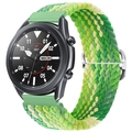 Detailed close-up of green nylon woven watch strap with adjustable silver metal buckle - Lime