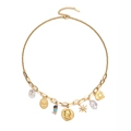 18K gold plated stainless steel layered necklace with coin and pearl charms - Gold C (Coin Star Pearl)