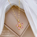 Detail view of pink petal pendant with diamond center and dimensions 2x2.6cm - Titanium Steel Chain + Copper Pendant / Pink Flower Necklace (C325 Necklace)