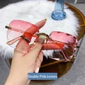 Frameless square sunglasses with pink gradient lenses and elegant gold metal frame - 1607 Double Pink Gradient