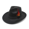 Détail d'un chapeau fedora en feutre noir avec ruban satiné et plume colorée - M (56-58cm) / Noir