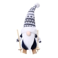 Gnomo di Natale blu e grigio con sci in legno e cappello in maglia con fiocchi - Slitta da Sci Blu (Accessori in Legno) / Blu Notte/Grigio/Legno