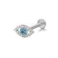 Silver evil eye lip stud with white crystals and blue gemstone center on white background - Silver Evil Eye (24051003-7)