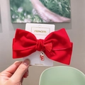 Red velvet bow hair clip with a lucky cat pendant for girls New Year festive hair accessory - Style 2: Lucky Cat Large Bow