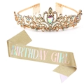 Birthday Girl party set with golden rhinestone tiara and sparkling gold glitter sash - One Size / Gold Birthday Girl Set