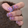 Blue French tips press-on nails with 3D crystal accents on square oval nude base - Glue Style (JP2942)