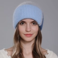 Cappello invernale da donna in maglia di coniglio con motivo color block blu chiaro e scuro - Blu + Grigio
