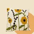 Square beige cushion cover with embroidered sunflower and lavender floral patterns - Sunflower Stem (Cover Only)